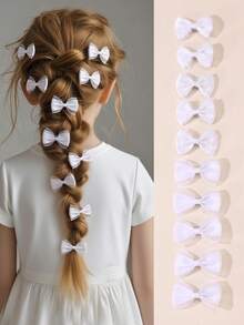 Set Jepit Rambut Pita Putih untuk Anak Perempuan (10pcs/20pcs), Jepit Samping Kecil Renda Satin, Jepit Poni & Jepit Rambut Lepas, Aksesori Kepala - Putih - View 1