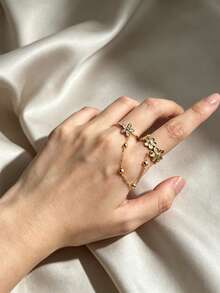 18K Gold Plated Flower Chain Double Finger Ring For Women, Pave CZ Floral Beaded Chain Hand Jewelry Ring, Exquisite Hand Accessory Gift - Gold - View 2