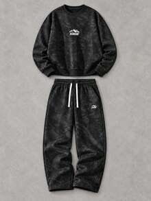 Men's Autumn/Winter 2 Pieces Set | Washed Crew Neck Fleece Lined Long Sleeve Sweatshirt + Drawstring Straight Leg Sweatpants, Mountain Print, Vintage Street Casual, Stylish Daily Outfit - Black - View 12