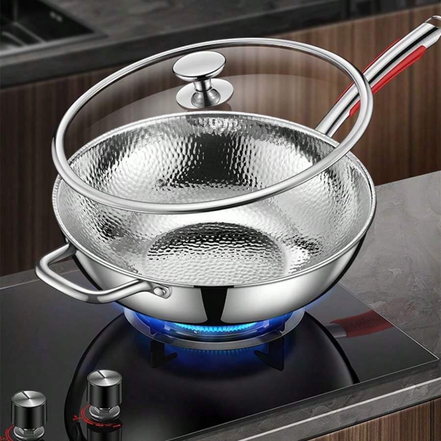 304 Stainless Steel Stir-Fry Pan, Household Cooking Pot, Induction Cooktop Compatible, Gas Stove Universal Flat Bottom Pan, Hammered Texture Frying Pan, Steak Pan