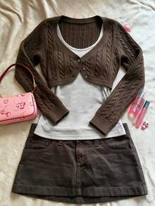 Women's Knitted Cropped Cardigan Long Sleeve Top, Autumn/Winter Outfit, Medium Stretch Knitted Fabric - Brown - View 10