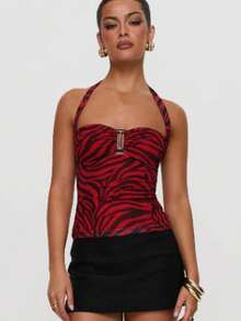 Top de tankini sexy para mujer con estampado de cebra rojo, cuello halter, hombros descubiertos, traje de baño de poliéster con elasticidad media - Rojo - Ver 1