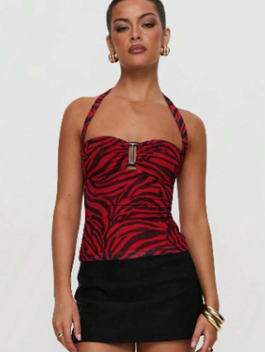 Top de tankini sexy para mujer con estampado de cebra rojo, cuello halter, hombros descubiertos, traje de baño de poliéster con elasticidad media - Rojo - Ver 1