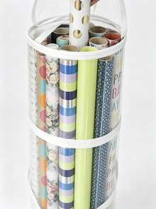 Transparent PVC Wrapping Paper Storage Bag With Handle, Cylindrical Gift Wrapping Paper Organizer Bag, Dust-Proof Transparent Gift Wrapping Paper Roll Storage Box, Holiday Wrapping Roll Home Closet Storage Organizer Bag, Storage Bag Only, Wrapping Paper Not Included - Multicolor - View 6