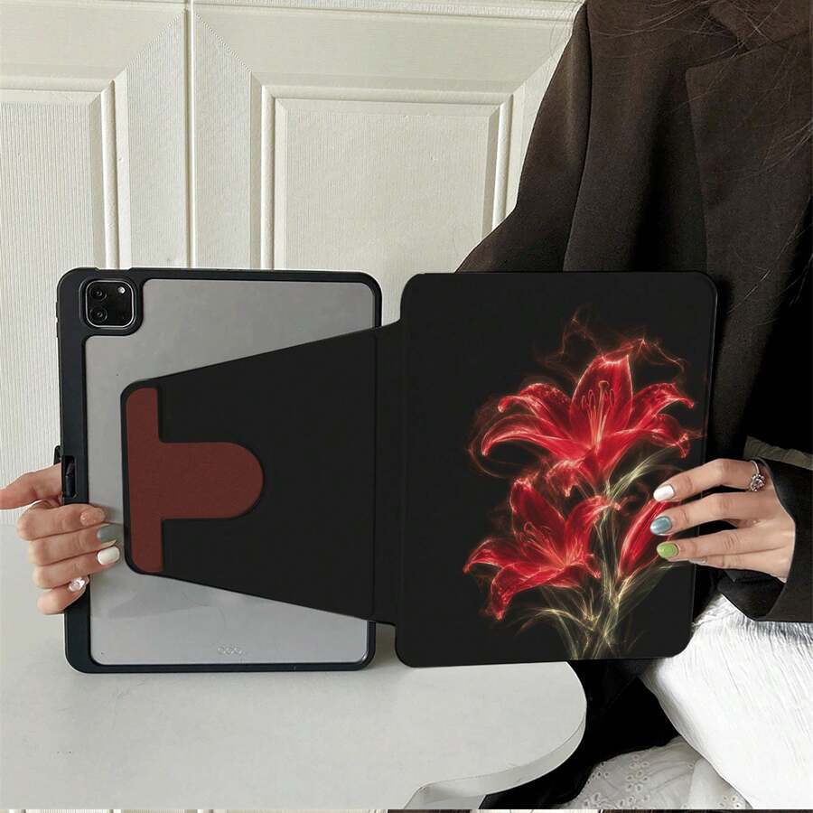 1件發光紅色百合旋轉平板保護殼，相容 iPad Air 6/5/4 &10 (10.9 吋) - 相容 iPad Pro 2024、Air M3/A16 2025，相容 Galaxy Tab S9 FE/S8 Plus/S7/S10，相容 OPPO Pad，相容 MatePad，相容 Vivo Pad，相容 Honor Pad，相容 Pad