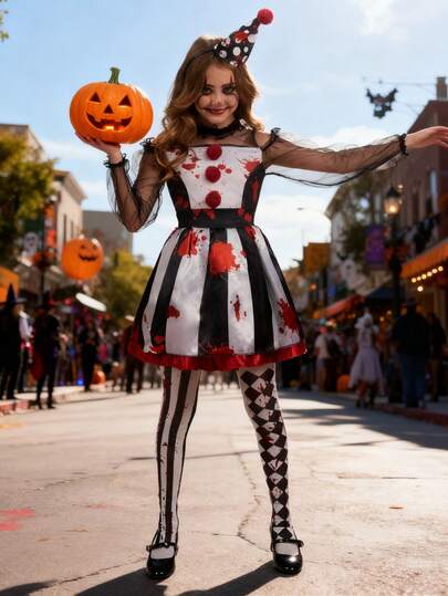 Joyfy Halloween Clown Costume For Girls, Scary Clown Dress For Girls' Halloween Cosplay Party, Black And White Bloody Jester Dress