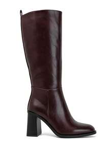 Smooth Faux Leather Block Heel Knee-High Boots – - Burgundy - View 2