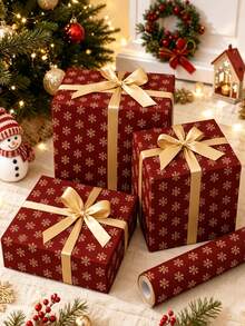 1 Roll Burgundy Gold Snowflake Christmas Gift Wrapping Paper, Vintage Red Kraft Paper Holiday Gift Wrapping Paper, Perfect For Christmas Gifts And Winter Party Decor - Red - View 2