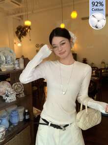 Autumn Pure Cotton Long Sleeve T-Shirt, Versatile White Top For Women, Slimming Solid Color Inner Layer Base Shirt - White - View 1