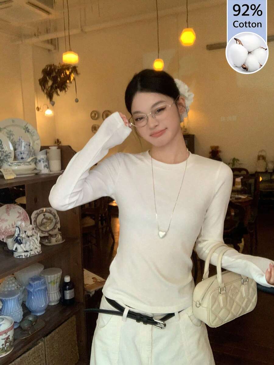 Autumn Pure Cotton Long Sleeve T-Shirt, Versatile White Top For Women, Slimming Solid Color Inner Layer Base Shirt - White - View 1