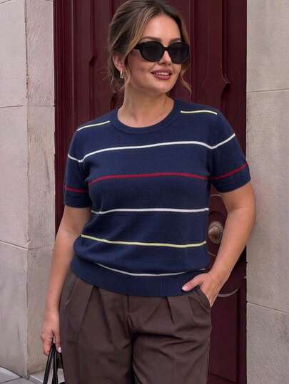 BYGOUBY Plus Size 1XL-4XL Spring/Summer Striped Crew Neck Women Thin Knit Top, Elegant Casual Women T Shirt, Suitable For Daily, Commute
