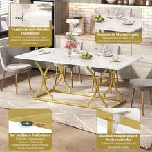 Luxurious Dining Table / Dining Table For 8–10 People / 2.5 Cm Thick Tabletop, Metal Legs / MDF Material, Marble Look / Suitable For Living Room And Dining Room, 200 * 80 Cm, White + Gold - White - View 6