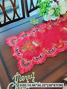 1pc 100% Polyester Embroidered Christmas Table Runner, Red Hollow Cutwork Candle Design Table Scarf, Xmas Holiday Dining Table Centerpiece Decor - Red - View 8