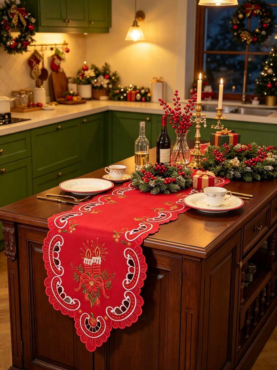 1pc 100% Polyester Embroidered Christmas Table Runner, Red Hollow Cutwork Candle Design Table Scarf, Xmas Holiday Dining Table Centerpiece Decor - Red - View 1