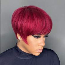1 PC Short Straight Pixie Cut Wigs For Women Human Hair 6 Inch 180% Density Layered Machine Made Wigs With Bangs Black Color & BUG Red Color Pixie Wig Brazilian Remy Hair - SBUG - View 1