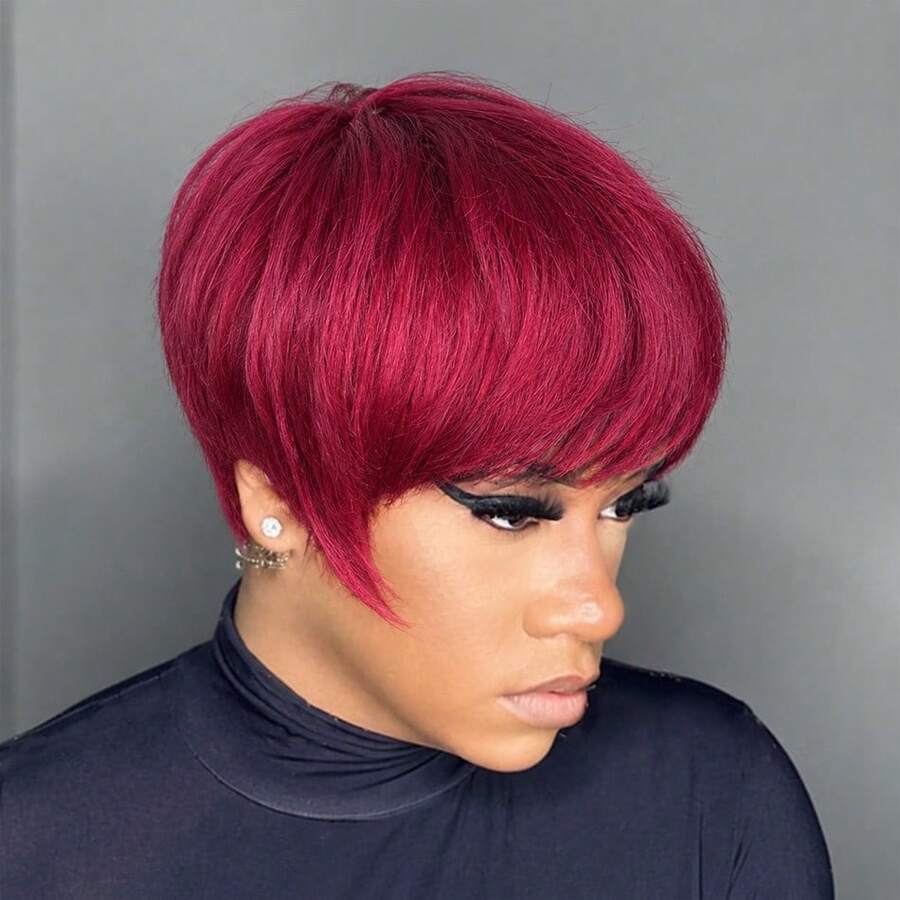 1 PC Short Straight Pixie Cut Wigs For Women Human Hair 6 Inch 180% Density Layered Machine Made Wigs With Bangs Black Color & BUG Red Color Pixie Wig Brazilian Remy Hair - SBUG - View 1