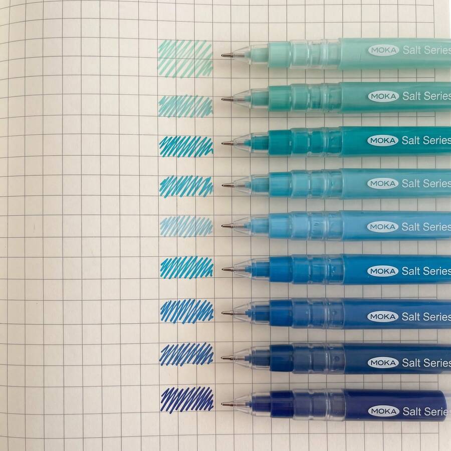 9支 0.5mm 鮮藍漸層順滑出墨不暈染防滑軟橡膠握把塑膠筆桿針尖中性筆,極簡Ins風多層藍色調細針尖筆,適合學生、手帳、筆記、手繪、日程規劃、辦公書寫 - 青色套裝 - 查看 1