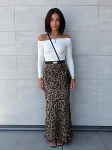 Women's Leopard Print Totem High Waist Animal Pattern Skirt, Spring/Summer - Dusty Purple - View 3