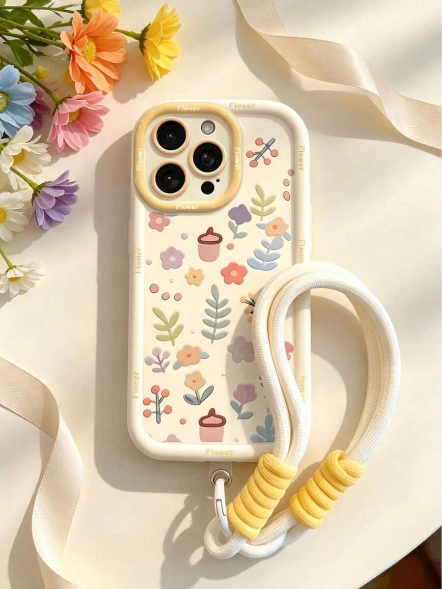 1pc Autumn Cute Pastel Floral & Acorn Print Soft Silicone Wrist Lanyard Phone Case, Shockproof Full Camera Lens Protection Cover Compatible For IPhone11/12/13/14/15/16 Pro, Pro Max/PLUS - Multicolor - View 1