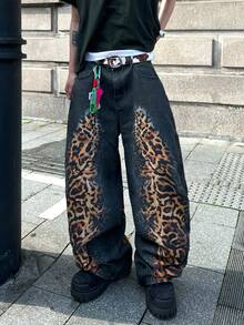 1pc Digital Print Loose Fit Casual Straight Leg Jeans, Comfortable Streetwear Style Pants For Men, Versatile All Season - الأسود - مشاهدة 4