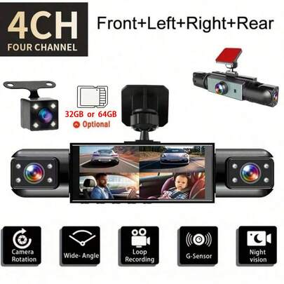 Dash Cam, 4-Channel Black Box Dash Cam, Car Dash Cam, Left/Right/Front/Rear Camera, Wide Angle, Adjustable Lens, Loop Recording, Night Vision, 150mAh Battery