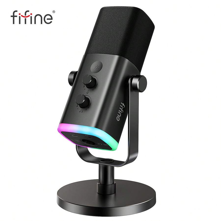 FIFINE AM8 電競 USB/XLR 麥克風，播客用動圈麥克風，可調 RGB、觸控靜音、耳機插孔、桌面支架，適合唱歌、遊戲、直播、播客的人聲麥克風