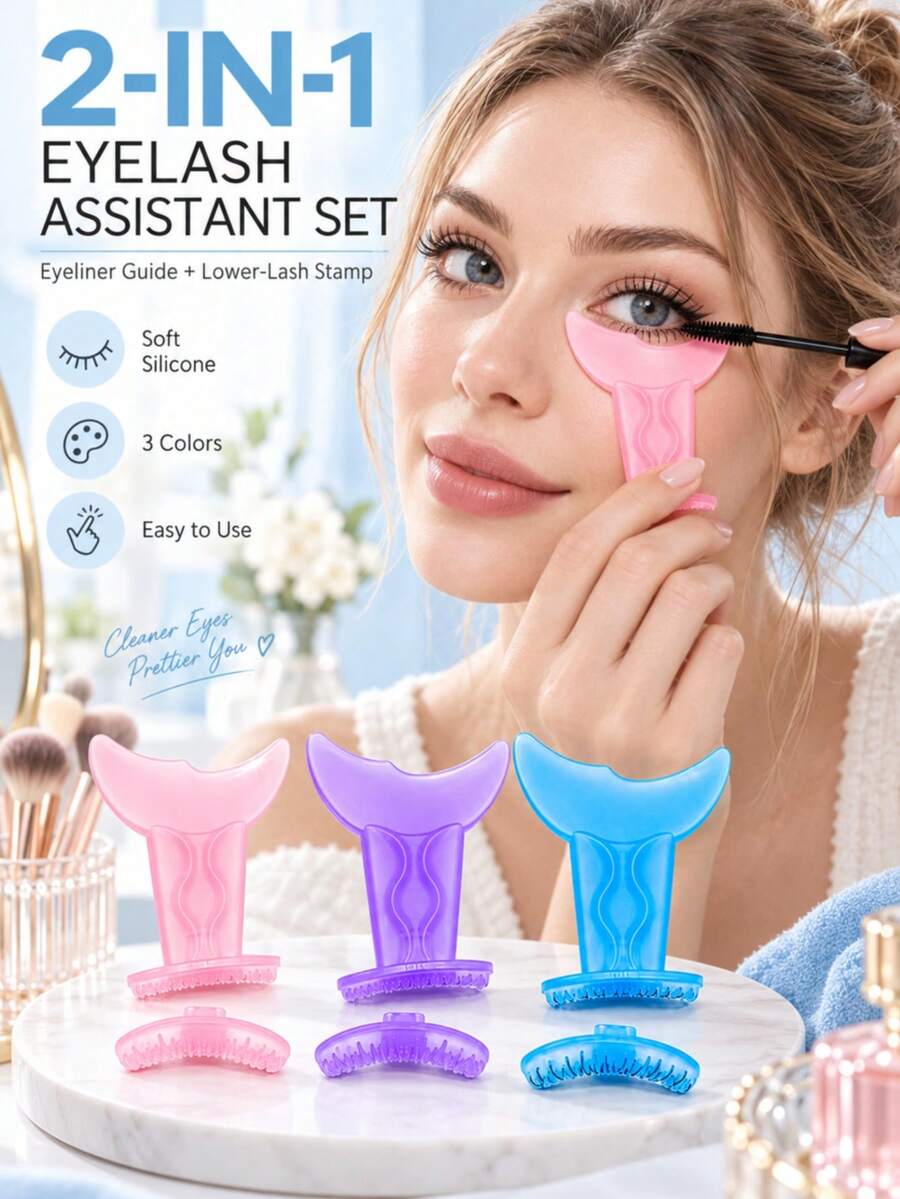 1pc--2-In-1 Silicone Eyelash Applicator & Lower Lash Stamp, Combines Eyeliner Guide, Powder, Purple, Blue Three-Color Options, Smudge-Proof Mascara Application, Eyeshadow Makeup And Lower Lash Stamp Functions; Includes Crescent-Shaped Guard, Suitable For Beginners, Easy Eyeliner Positioning And Mascara Application; Silicone Material, Smudge-Proof, Portable And Easy To Use, Essential Eye Makeup Tool For Home And Travel. - Multicolor - View 1