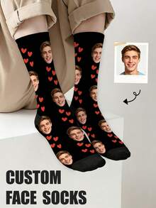 1 Pair Customized Mid-Calf Socks, Bow Tie Pattern, Customized Face Pattern Socks, Couple Socks, Customized Photo Socks, Customized Printed Socks, Personalized Funny Face Pattern Socks, Customized Image Socks, Can Print Any Face Shape On Socks, Anniversary Gift, Valentine's Day Gift, Birthday Gift, Wedding Gift, Mother's Day Gift, Father's Day Gift, Gift For Best Friend, Gift For Parents, Gift For Girlfriend/Boyfriend - Black - View 1
