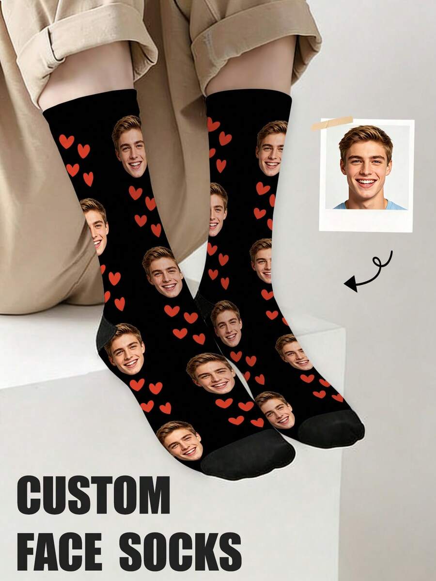 1 Pair Customized Mid-Calf Socks, Bow Tie Pattern, Customized Face Pattern Socks, Couple Socks, Customized Photo Socks, Customized Printed Socks, Personalized Funny Face Pattern Socks, Customized Image Socks, Can Print Any Face Shape On Socks, Anniversary Gift, Valentine's Day Gift, Birthday Gift, Wedding Gift, Mother's Day Gift, Father's Day Gift, Gift For Best Friend, Gift For Parents, Gift For Girlfriend/Boyfriend - Black - View 1