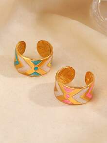 2pcs Stainless Steel Fashion Minimalist Colorful Oil Drop Rings Suitable For Women Daily Wear And Party - Multicolor - View 3