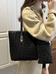 2pcs Large Capacity Leopard Print Faux Leather Tote Bag, With Dual Handles, Ideal For Commuting, Work Or School.,Business Professional Women - Black - View 6