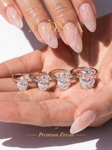 1pc Elegant 1ct-8ct 4-Prong Set Unique Oval Zirconia Ring, Single Diamond Engagement Ring, Women's Jewelry Gift, Engagement Gift - Silver - View 4