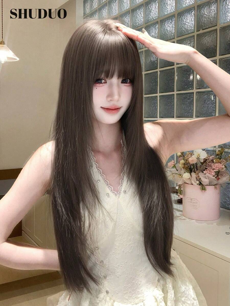 alicegarden 30-Inch Long Synthetic Wig Featuring A Natural Straight Style A Stunning Dark-Brown. Designed With Bangs , This False Hairpiece Is Perfect For Ms Daily Use, Offering A Natural And Natural Durable Wig Gift For Ladies. - Dark Brown - View 1