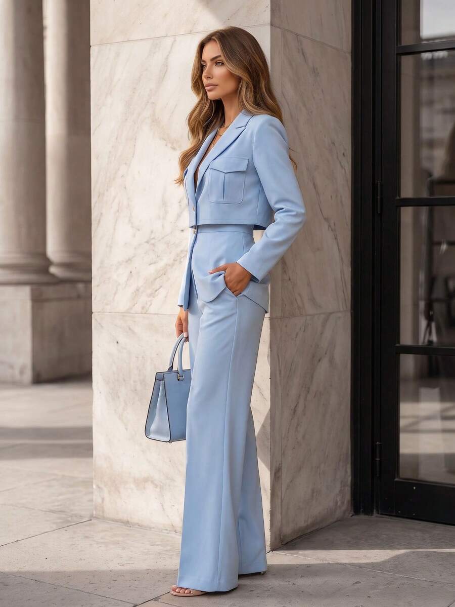 春秋都市優雅極簡風內裡雙口袋純色長袖夾克與休閒長褲套裝，適合辦公室秋季穿著