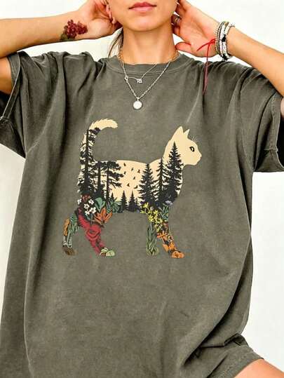 Summer Retro Print Plus Size T-Shirt, Forest Birds & Floral Cats Pattern, Breathable Casual Tee, Outdoor Leisure Vacation Outfit For Women
