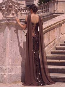 Women's Romantic Off-Shoulder Mermaid Evening Gown, Sequin Pearl And Rhinestone Decorated Formal Dress, Suitable For Prom - Coffee Brown - View 2