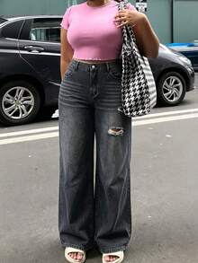 Plus Size Women's Straight Leg Jeans With Elastic Waistband, Casual Spring/Autumn Style - Grey - View 8