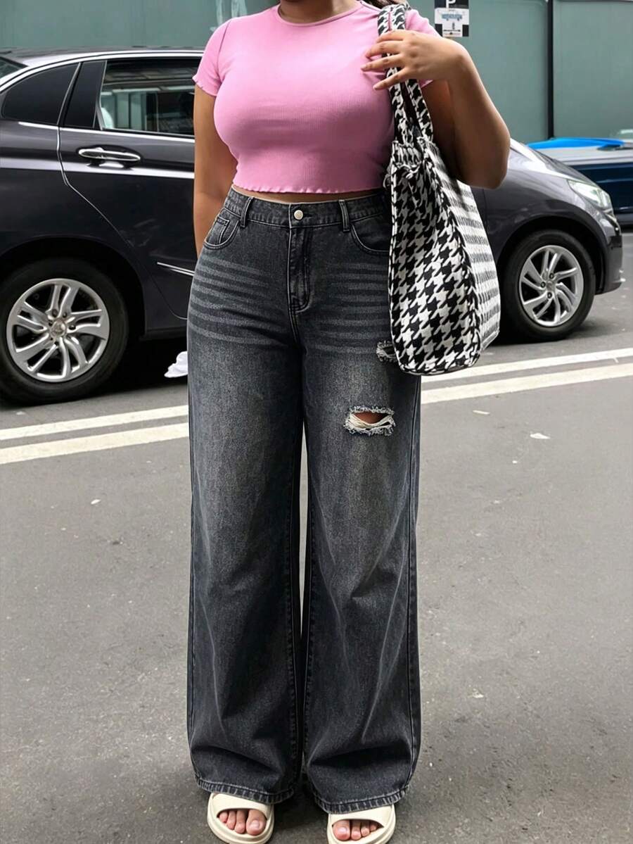 Plus Size Women's Straight Leg Jeans With Elastic Waistband, Casual Spring/Autumn Style