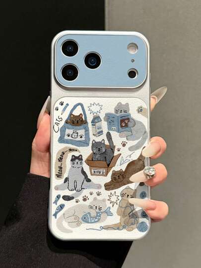 1pc Light Blue & White Color Block Hand-Painted Cute Cat Daily Leather Texture Phone Case Electroplated Matte Silver Edge Full Coverage 1.5mm Anti-Drop Creative Raised Large Window Quick Change 18PM Precise Lens Cutout Soft Shell Compatible With Iphone 18Pro/18Promax/17/17Pro/17PROMAX/16/16Pro/16PLUS/16PROMAX/15/11/12/13/14/15Pro/14Pro/13Pro/15PROMAX/14PROMAX/13PROMAX