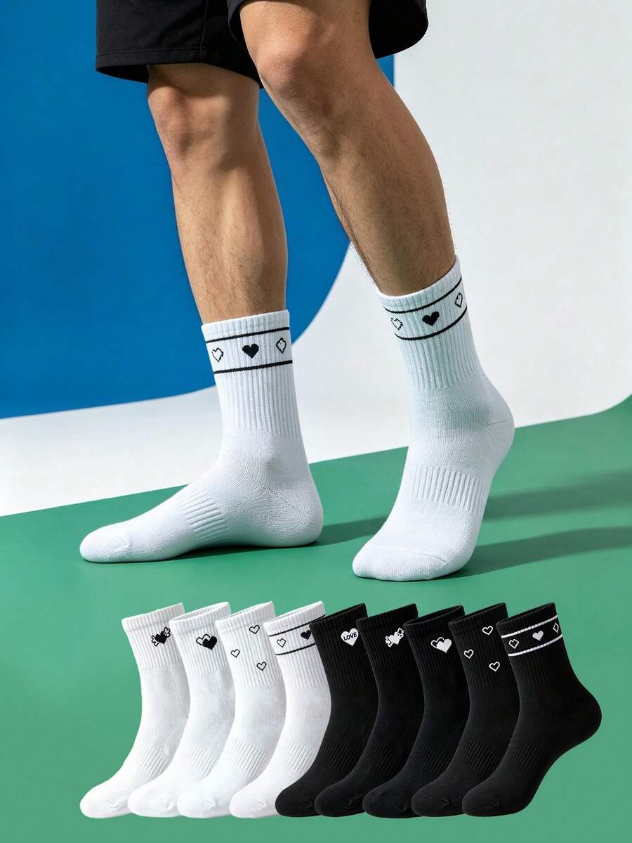 1/5/10 Pairs Couple Matching Heart Socks, Minimalist Love Letter Pattern, Versatile For Daily Wear - Multicolor - View 1