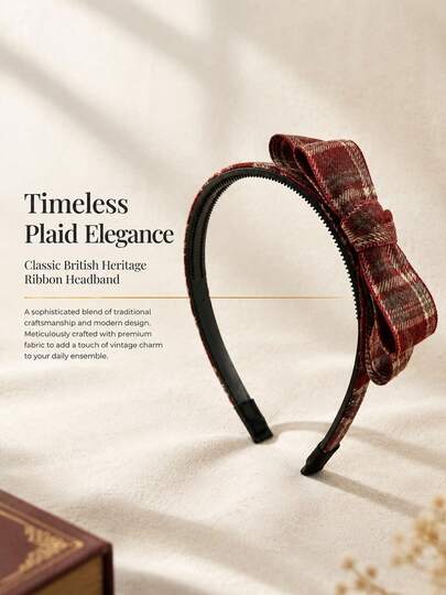 1pc British Vintage Plaid Bow Headband, Fabric Non-Slip Toothed Headband, Autumn/Winter Vibe, Suitable For Women's Daily Commute, Campus Outfit, Outdoor Photos, Party Date, Autumn/Winter Coat Matching