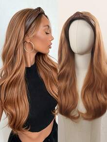 24 Inch Leather Twisted Headband Wig With Large Wavy Hair Extensions, Detachable Half-Head Cover For Women, Available In Multiple Colors Including Black/Brown/Brown/Gold/Brown With White Highlights, Suitable For Everyday Wear By Women. - Multicolor - View 2