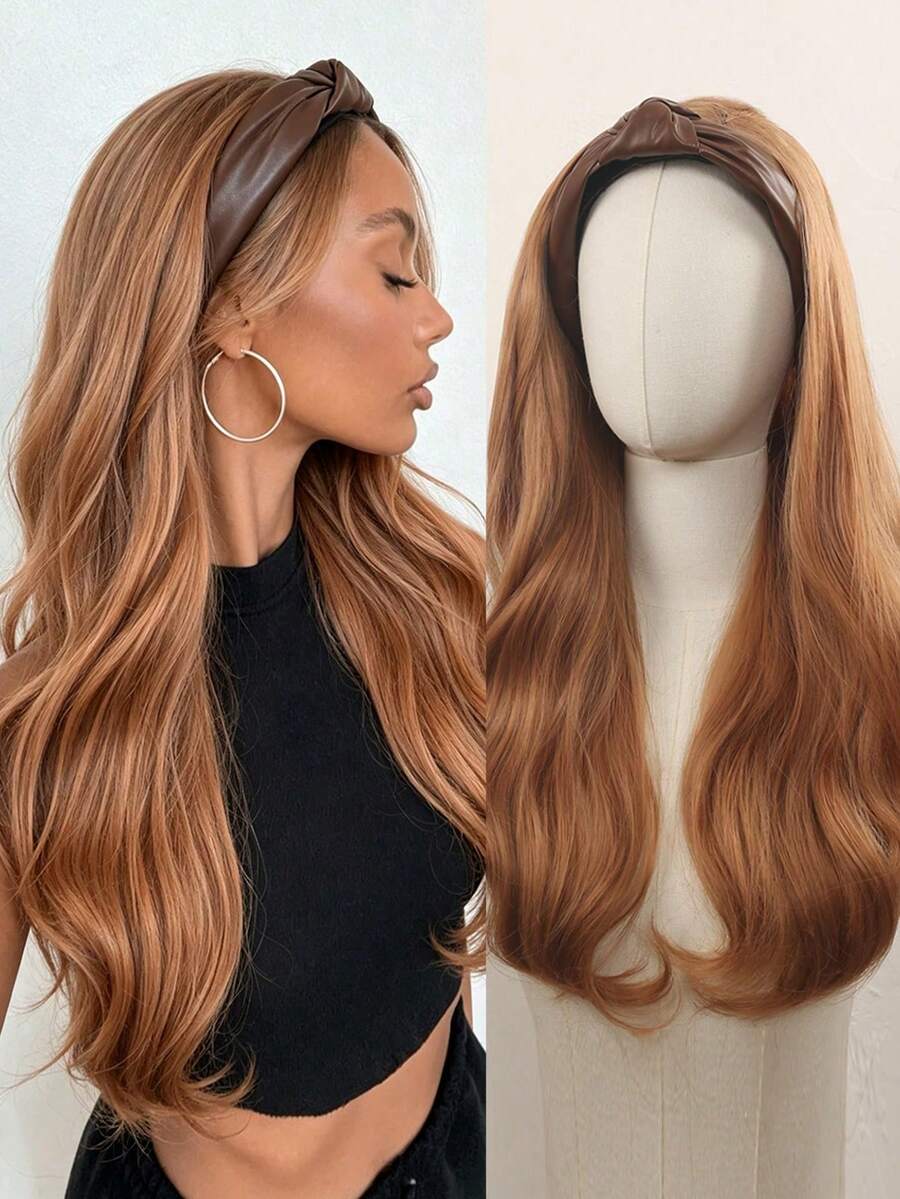 24 Inch Leather Twisted Headband Wig With Large Wavy Hair Extensions, Detachable Half-Head Cover For Women, Available In Multiple Colors Including Black/Brown/Brown/Gold/Brown With White Highlights, Suitable For Everyday Wear By Women.