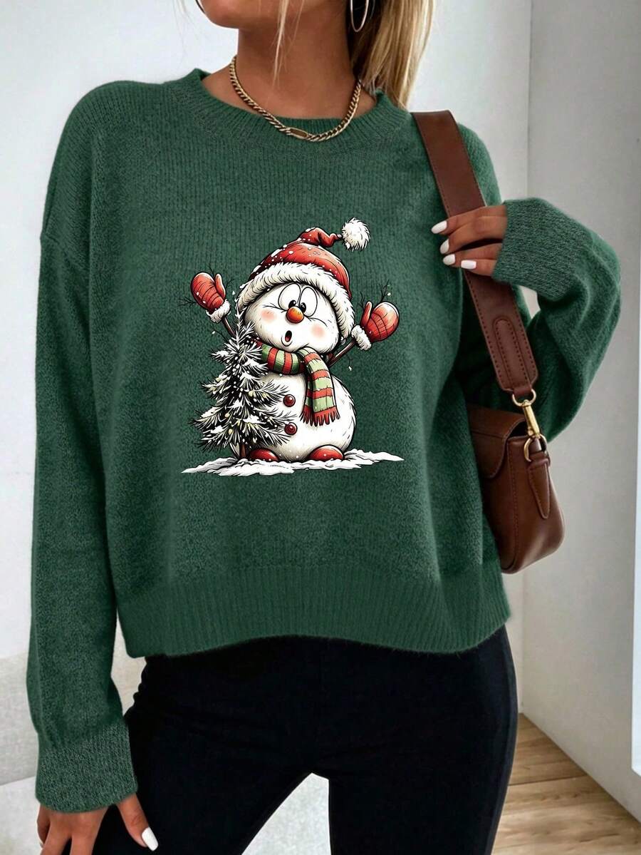 Women's New Arrival: Loose-Fit, Slimming Long-Sleeve Sweater With Christmas Tree &SnowmanPrint– PerfectforLounging,HolidayGifting,AndFestiveGatherings - Dark Forest Green - View 1
