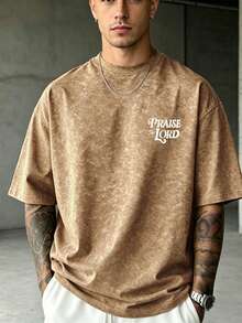 1pc Men's Brown Vintage PRALSE THE LORD Print Washed Short Sleeve T-Shirt, Suitable For Summer, Comfortable And Breathable, Fashion Forward - Brown - View 2