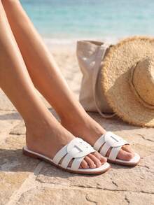 White Cutout Interwoven Slide Sandals For Women, Chic Square Open Toe Flat Slippers, Summer Beach Vacation Daily Casual Footwear - White - View 3