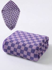 1pc/2pcs - Checkerboard Pattern Bath Towel & Hair Drying Cap, Bath Towel Size 90*170 Cm, Matching Checkerboard Pattern Hair Drying Cap, Soft And Thick, Quick-Drying. Classic Checkerboard Appearance, Skin-Friendly Fabric, No Shedding. Multiple Colors Available, Home Bathing, Combining Aesthetics And Practicality. - Multicolor - View 22
