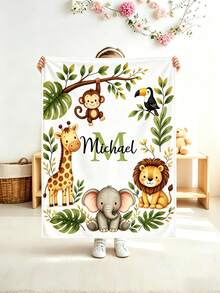 Personalized Animal Blanket, Customized Name Giraffe Elephant Lion Monkey Throw Blanket, Soft All-Season Children's Blanket, Suitable For Baby Room Bedroom Travel Gift - Multicolor - View 2