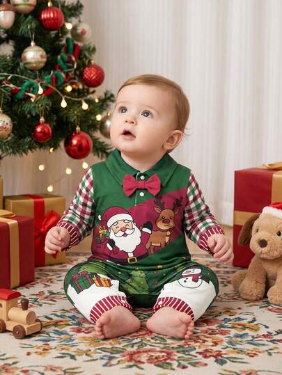 Christmas Santa Claus & Reindeer Print Baby Long Sleeve Romper, Turn Collar Bow Tie Plaid Sleeve Christmas Tree & Snowman Holiday Baby Long Crawl Suit