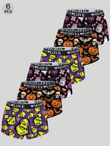 Morvia 6 Pack Halloween Punk Women Boxer Briefs, Skull Pumpkin Bat Ghost Print Wide Letter Elastic Waist Underwear - Multicolor - View 1
